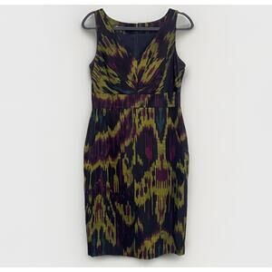 Lafayette 148 New York Dress Size 8 Navy Blue Green Ikat Print Sleeveless Sheath